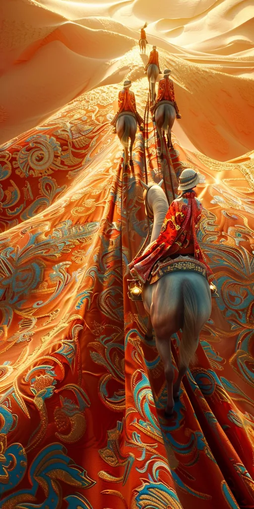 The image shows a group of five people riding horses. They are wearing traditional Arabian clothing. The horses are walking on a sand dune. The background is a large orange curtain with blue and green patterns. The image is very detailed and realistic.