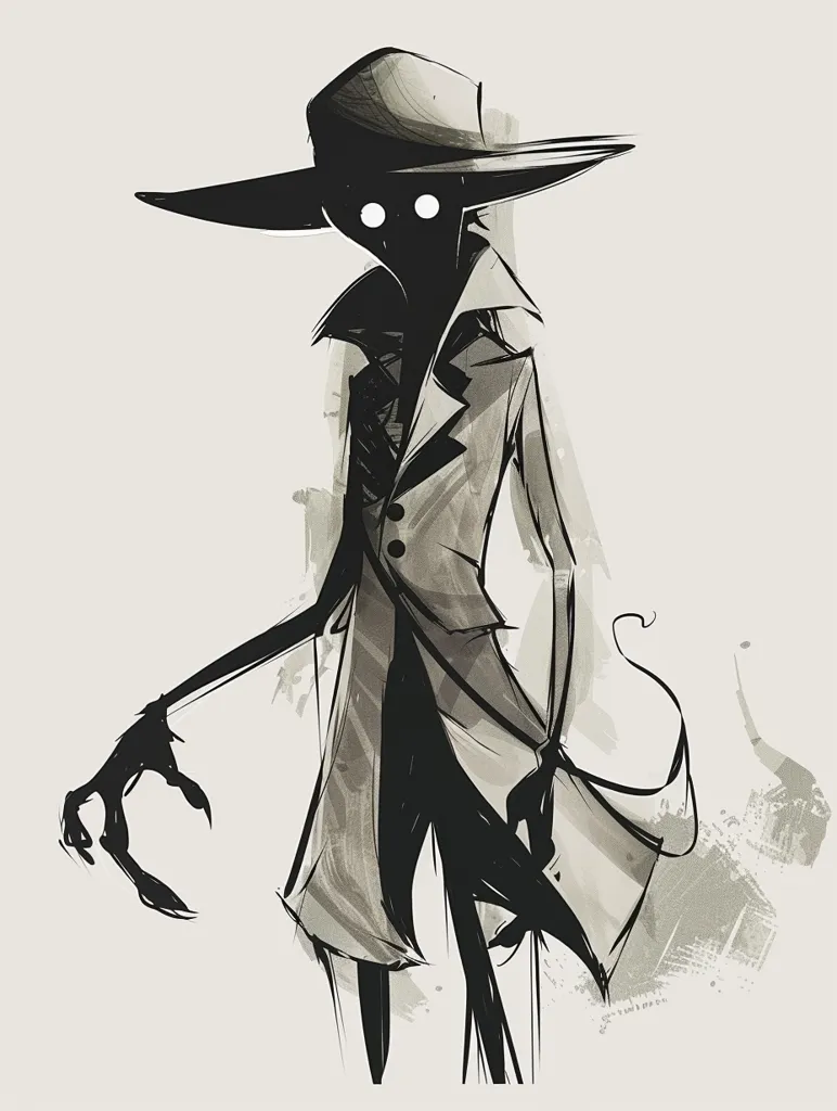 The image is of a tall, thin man wearing a hat and a long coat. He has no face, just a black void where his eyes and mouth should be. His arms are long and thin, and his hands are claw-like. He is wearing a hat that is pulled down low over his face. The image is in black and white, and the background is white.