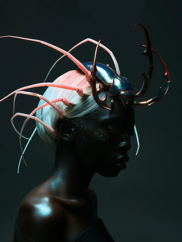 The image is a portrait of a woman of color with dark skin and light hair. She is wearing an elaborate headpiece that resembles a beetle. The headpiece is made of metal and has several long, thin legs that extend out from it. The woman's eyes are closed and her face is expressionless. The image is dark and moody, and the woman's skin is the only thing that stands out against the black background.