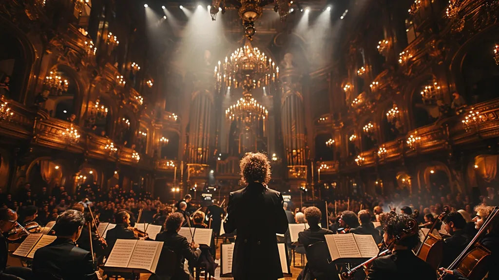 The image shows a conductor standing in front of an orchestra. The conductor is wearing a black suit and has his back to the camera. The orchestra is seated in front of the conductor and is playing their instruments. The conductor is holding a baton in his right hand and is using it to conduct the orchestra. The orchestra is playing a classical piece of music. The audience is sitting in the background and is listening to the orchestra. The image is set in a large concert hall. The concert hall is decorated with gold and red. The image is taken from the perspective of the audience.
