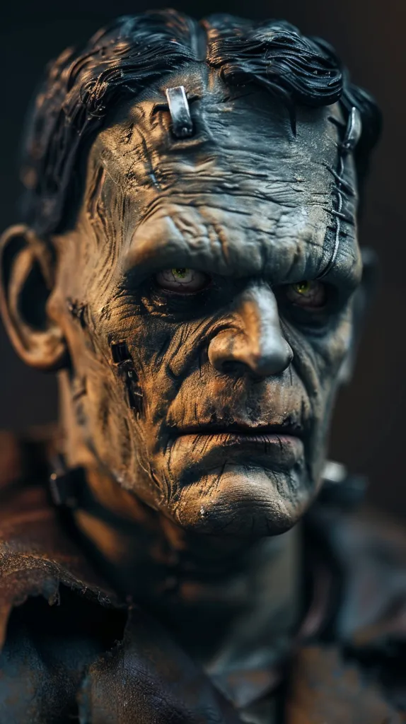 The image is a close-up of Frankenstein's monster. He has green eyes, a scarred face, and stitches all over his head. He is wearing a black suit and has a metal rod through his neck. The background is dark and out of focus.