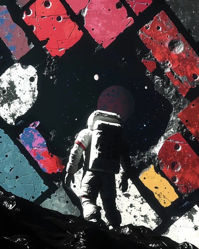 There is an astronaut on the surface of a planetoid. The planetoid has a rocky surface. There are craters on the surface. There are also some colorful rocks. The astronaut is wearing a white spacesuit. The astronaut is looking at the sky. There are two moons in the sky. The moons are red and blue. There are also some stars in the sky. The stars are white.