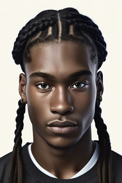 The image shows a young African-American man with long, braided hair. He is looking at the camera with a serious expression. He is wearing a black sweatshirt. The background is white.