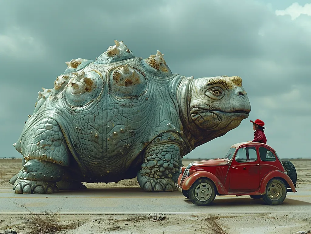 The image shows a giant turtle standing in the middle of a road. The turtle is as tall as a house and has a very long neck. Its shell is covered in spikes. A red car is parked next to the turtle on the road. A small child is standing on the car, looking up at the turtle.