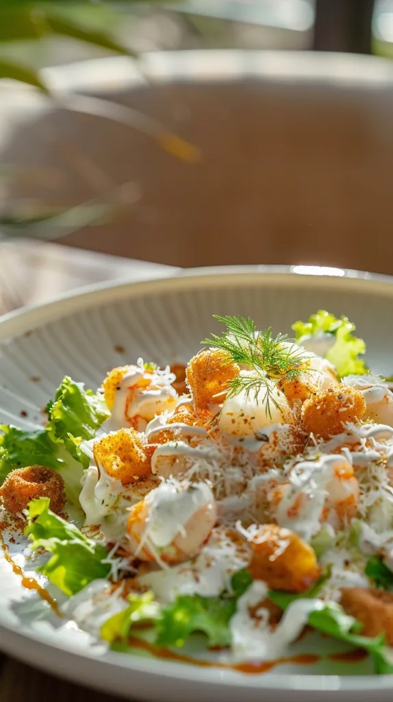 This is a delicious-looking salad with greens, shrimp, and cheese. The greens are fresh and crisp, the shrimp are tender and juicy, and the cheese is creamy and flavorful. The salad is dressed with a light and tangy dressing that perfectly complements the flavors of the greens, shrimp, and cheese. The salad is garnished with a sprig of dill, which adds a touch of freshness. The salad is served on a white plate and is ready to be enjoyed.