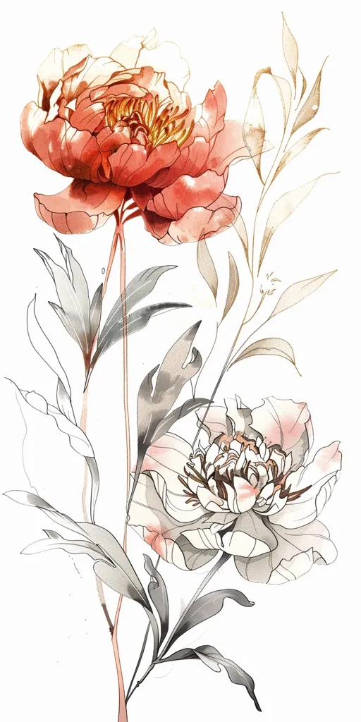 The image is a watercolor painting of two peony flowers. The flowers are pink and white, with light green leaves. The painting has a light and airy feel to it, and the colors are very soft and muted. The image is very calming and peaceful.