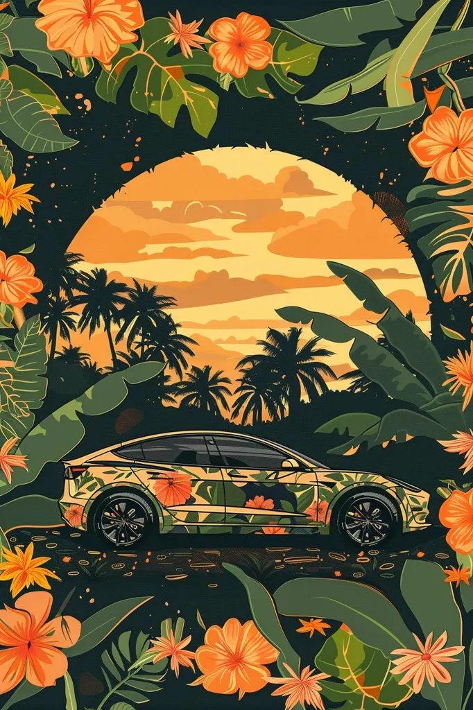 A black Tesla Model 3 is driving through a lush tropical forest. The car is surrounded by palm trees, hibiscus flowers, and other tropical plants. The sun is setting in the background, casting a warm glow over the scene. The car is covered in a wrap of pink and orange flowers. The image is a beautiful and stylish representation of the Tesla Model 3 and the tropical lifestyle.