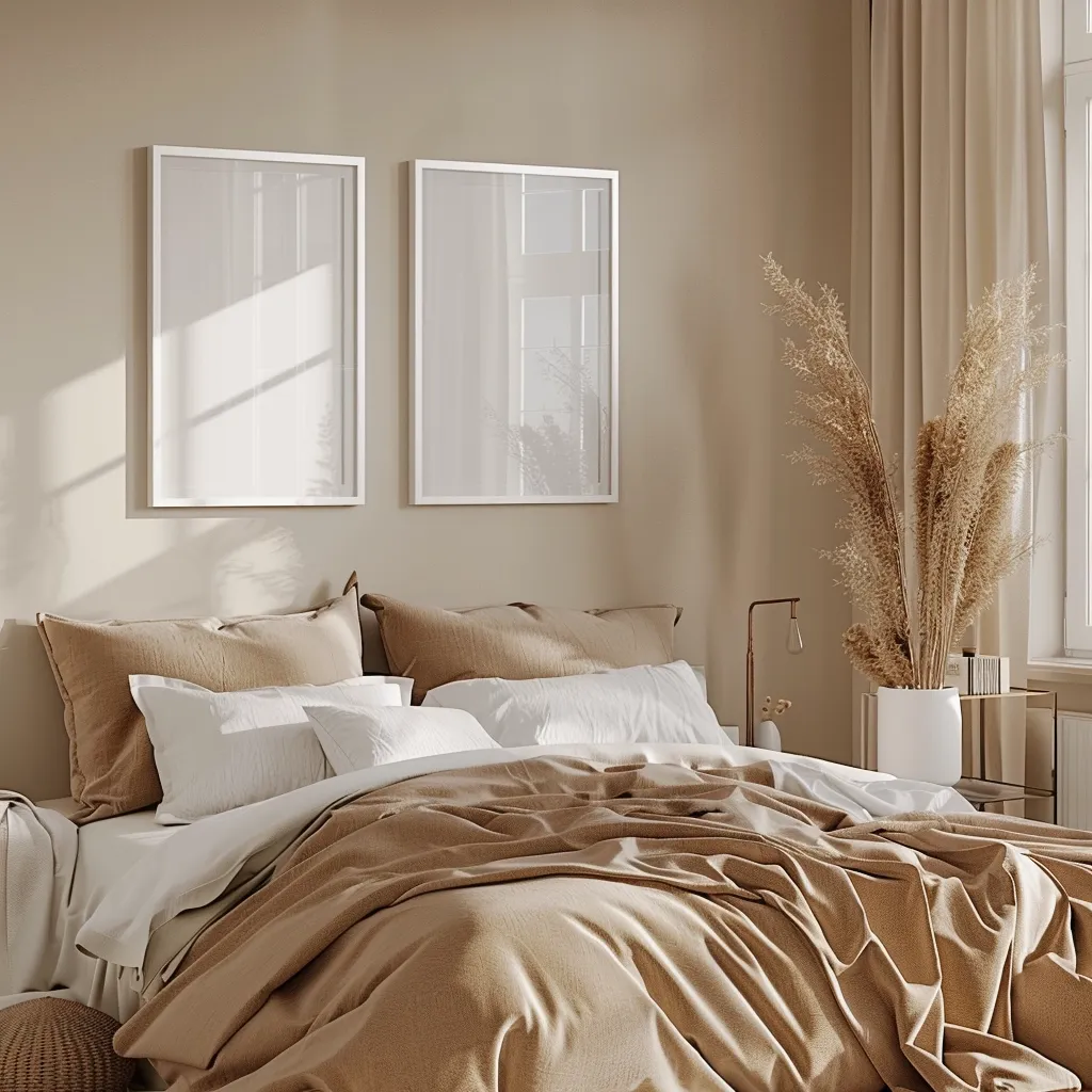 The image shows a bedroom with a bed, two frames on the wall, a plant, and a nightstand. The bed has a brown duvet cover and two pillows. The nightstand has a lamp and a vase with a plant in it. The frames are white and are hanging on the wall behind the bed. The plant is tall and has thin leaves. The window is covered in a white curtain. The overall color scheme of the room is brown and white. The room is warm and inviting.