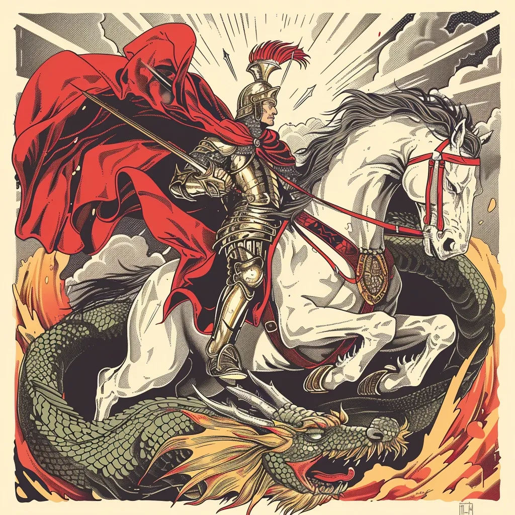 The image is of Saint George slaying a dragon. He is depicted as a knight in shining armor, mounted on a white horse. The dragon is a large, green creature with a long, serpentine body and a spiked tail. Saint George is in the process of thrusting his sword into the dragon's mouth. The image is set against a backdrop of red and yellow clouds.