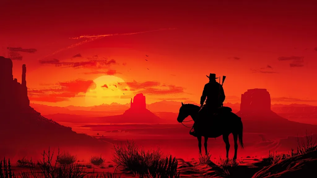 This is a digital painting of a cowboy on a horse, looking out over a vast desert landscape. The sky is a deep red, and the sun is setting behind the mountains. The cowboy is wearing a hat and a long coat, and he has a gun holstered on his hip. The horse is saddled and bridled, and it is standing calmly. The painting is done in a realistic style, and the artist has used light and shadow to create a sense of depth and atmosphere.