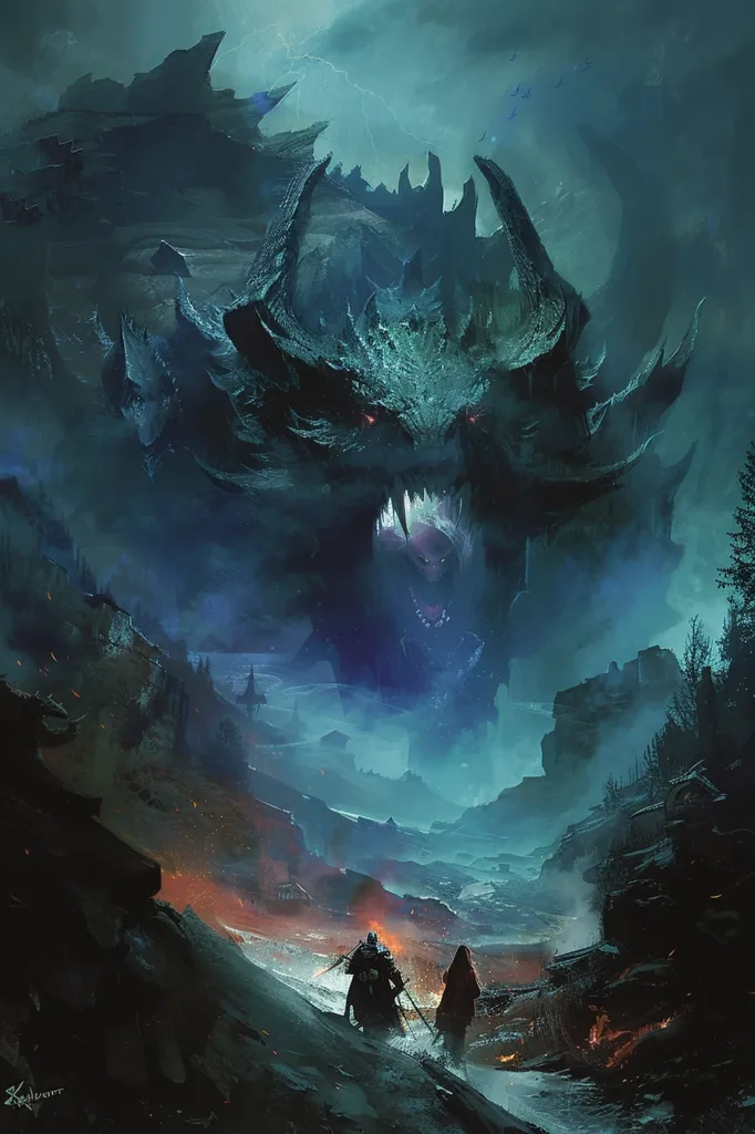 The image is a fantasy painting of a large, dark dragon. The dragon is standing in a mountainous landscape, and is breathing fire on a group of adventurers. The adventurers are running away from the dragon, and are all armed with weapons. The dragon is a powerful creature, and the adventurers are in danger. The painting is full of action and suspense, and the viewer is left wondering what will happen next.