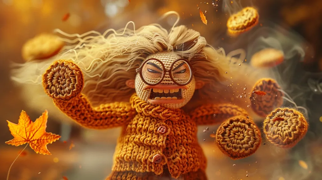 This image shows a small, angry-looking doll with glasses and yarn hair. The doll is wearing a brown sweater and has its arms outstretched. It is standing in a field of autumn leaves, and there are cookies flying through the air around it. The doll's expression suggests that it is upset and ready to fight.