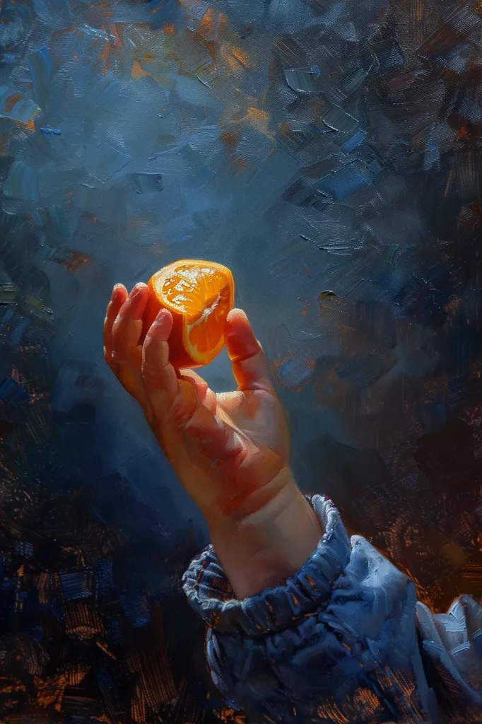 The painting is a still life of a hand holding an orange. The hand is holding the orange in front of a dark blue background. The orange is cut in half and the juicy flesh is exposed. The hand is painted in realistic detail, with the veins and wrinkles clearly visible. The orange is also painted in realistic detail, with the peel and the flesh clearly visible. The painting is done in a realistic style, with the artist using light and shadow to create a sense of depth and realism.