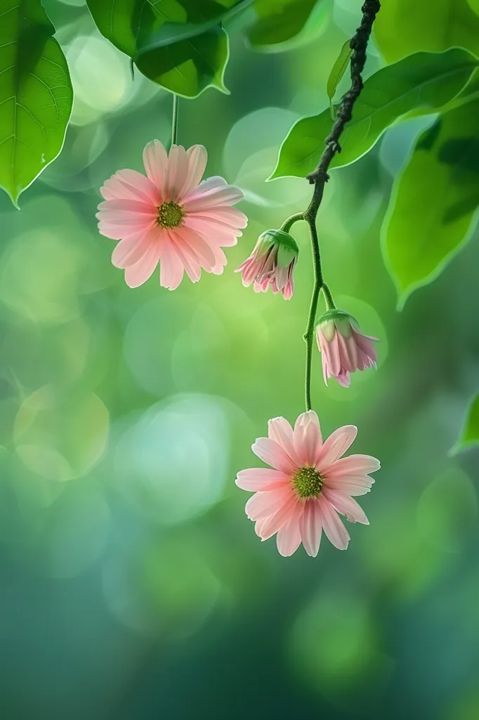 A branch of delicate pink flowers hangs gracefully from a tree. The soft, velvety petals of the flowers are perfectly formed, and the deep green leaves that surround them are lush and vibrant. The flowers seem to glow with an inner light, and the overall effect is one of beauty and serenity. The background is a soft blur of green, which helps to create a sense of depth and focus.