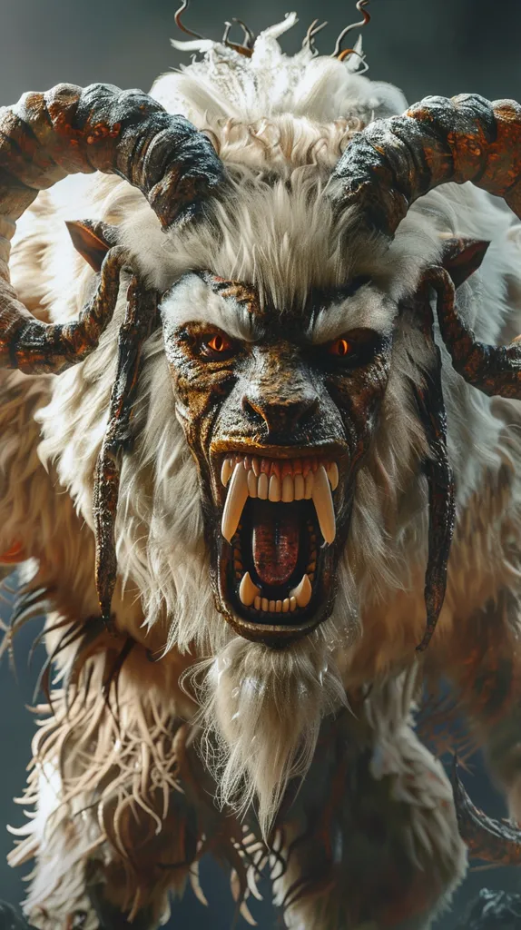 The creature has the body of a lion, the head of a goat, and the horns of a ram. Its fur is white, and its eyes are red. It is standing on its hind legs, and its front legs are raised in the air. Its mouth is open, and its teeth are bared. It looks like it is ready to attack.