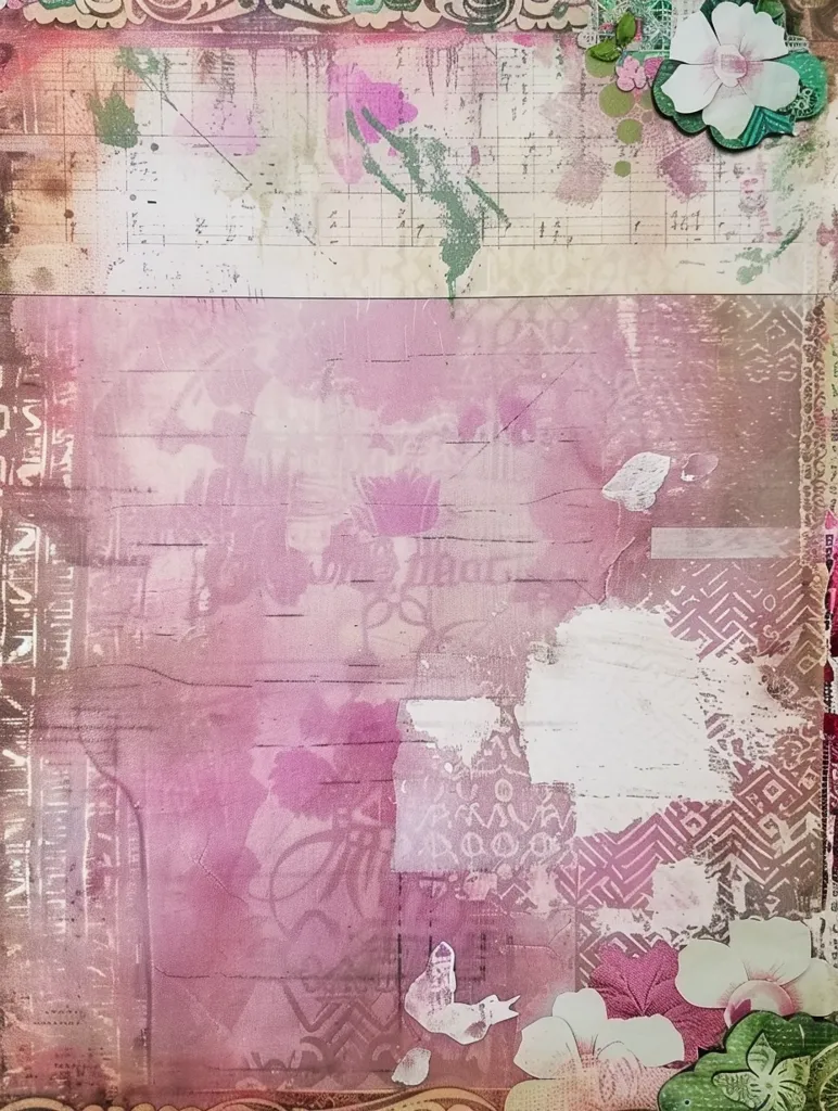 The image is a pink background with a white and green floral pattern in the corners and a white bird. The background is made of several layers of pink paint and paper with different patterns. The image has a vintage feel and would be perfect for a shabby chic or romantic project.