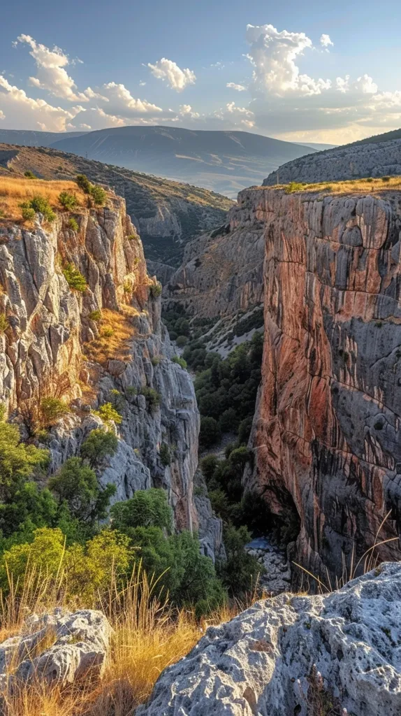 The image is of a canyon. The canyon is very deep and narrow. The walls of the canyon are made of sheer rock. The bottom of the canyon is filled with a river. The river is very narrow and looks like it is flowing very fast. The sky is blue and there are some clouds in the sky.