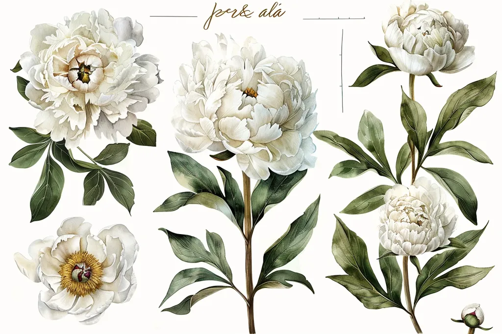 The image shows a set of white peony flowers. The flowers are drawn in a realistic style and have a variety of different poses. The leaves are a deep green color and have a serrated edge. The flowers are all in bloom and have a variety of different colors, from light pink to dark purple. The image has a very clean and elegant look and would be perfect for use in a wedding invitation or other formal event.