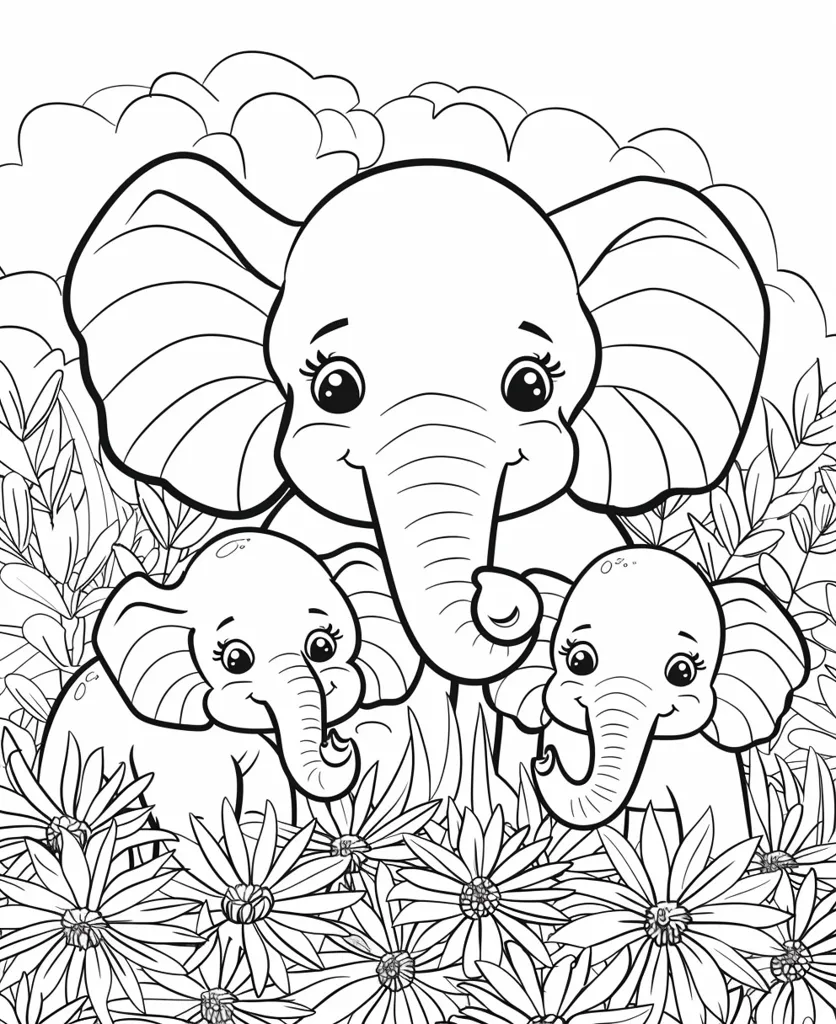 The image is a black and white outline of a family of elephants. There are three elephants. The mother elephant is in the middle with a baby elephant on either side. The mother has her trunk wrapped around one of the babies. They are standing in a field of flowers. There are 8 flowers in the field. There are also some plants and clouds in the background.