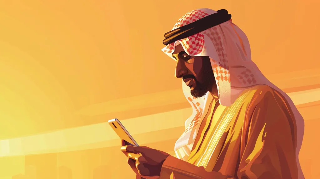 This is a picture of a man wearing a ghutra with an agal to hold it on his head. He is wearing a white shirt and a brown thobe. He is holding a smartphone and looking at it. The background is a gradient of orange and yellow.