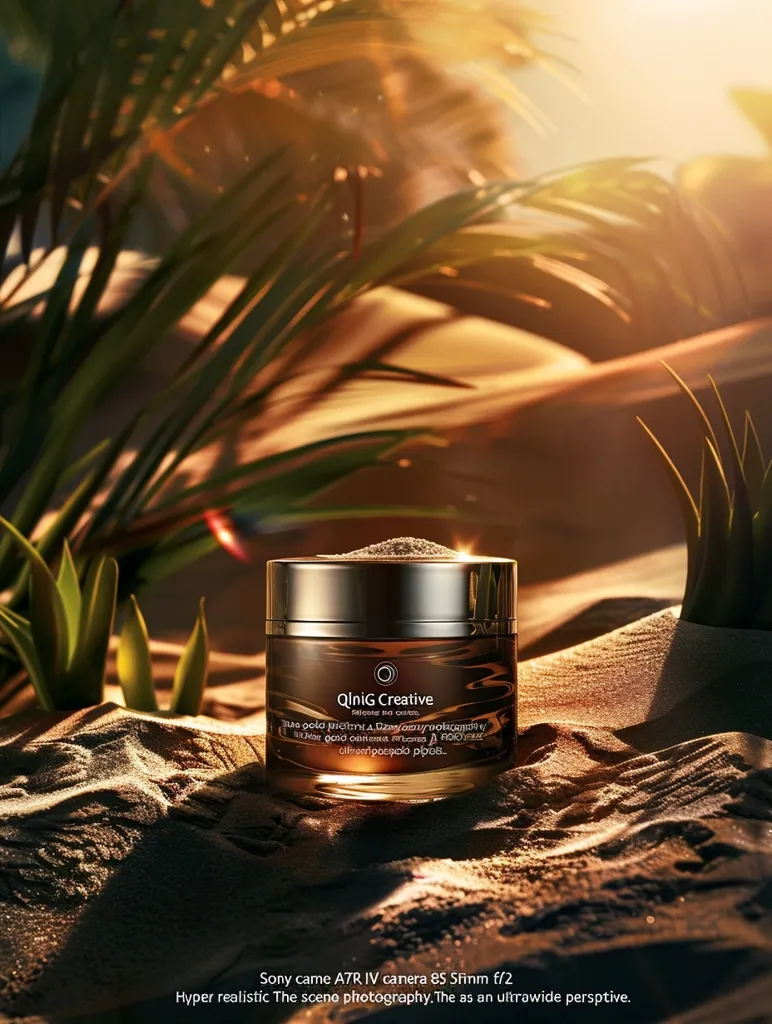 The image is a product shot of a cosmetic product. The product is a jar of face cream. The cream is in a luxurious gold and brown container with a shiny gold lid. The container is sitting on a bed of sand. There are palm leaves in the background. The image is warm and inviting. The lighting is soft and natural. The image is taken from a low angle, which makes the product look larger and more important. The overall effect of the image is one of luxury and beauty.