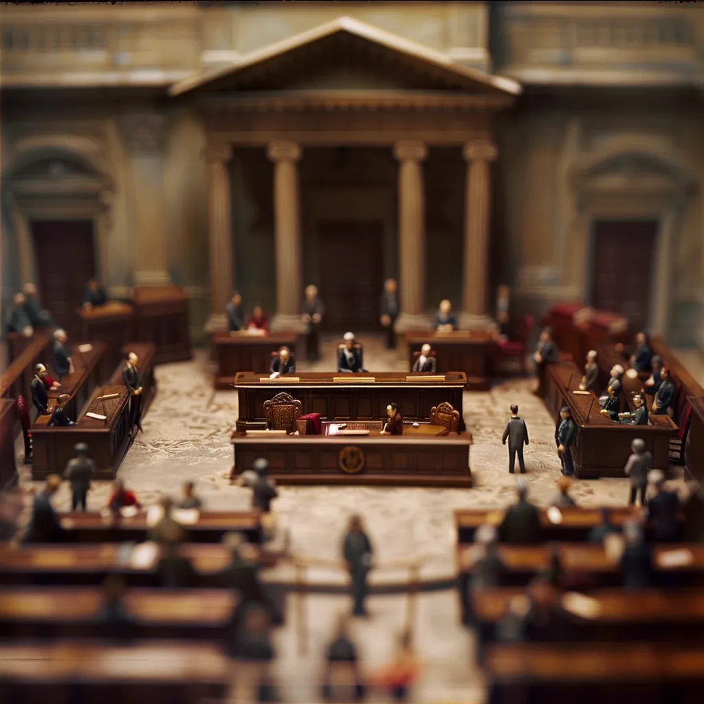 The image shows a model of a legislative assembly. There is a speaker sitting in a chair in the center of the assembly. There are people sitting in rows on either side of the speaker. The people are all wearing suits. There is a man standing in the foreground of the image. He is wearing a suit and he is looking at the assembly.
