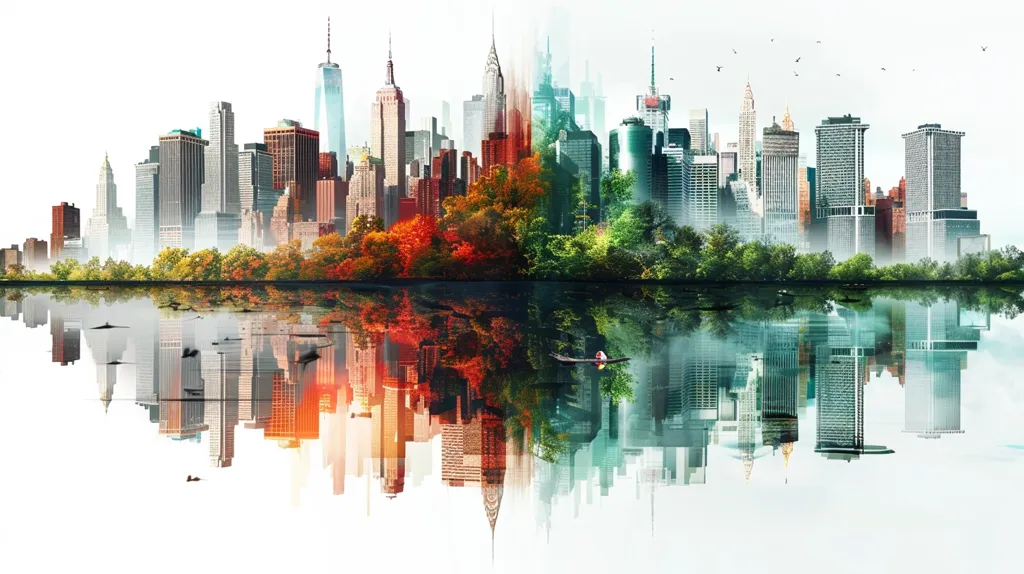 The image shows a beautiful cityscape with a river in front. The left side of the image shows the city in autumn colors, with red and yellow leaves on the trees. The right side of the image shows the city with green trees. The river reflects the city perfectly. The image is very peaceful and serene.
