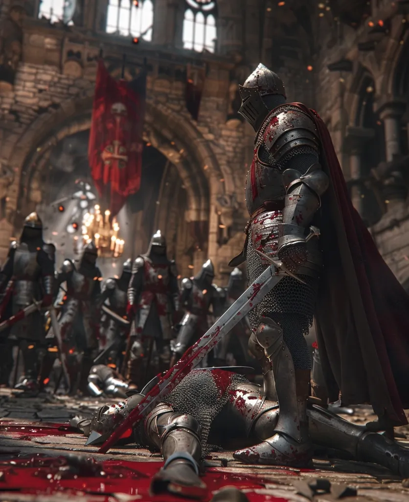 A knight in full plate armor stands over a defeated foe. He is surrounded by the bodies of other fallen soldiers. The knight's sword is still dripping with blood. He looks down at his opponent with a mixture of pity and disgust. The defeated knight lies on the ground, his armor broken and his face bloodied. He looks up at the victor with a look of defiance. Even though he has been defeated, he is not giving up. The knight in plate armor raises his sword and prepares to deliver the final blow.