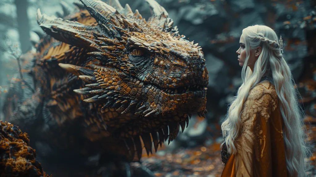 In the midst of a dense forest, a blonde woman in a golden dress stands勇敢地面对一只巨大的龙。 The dragon has brown scales and yellow eyes, and it is staring at the woman with its mouth slightly open. The woman is standing her ground, and she does not appear to be afraid of the dragon.