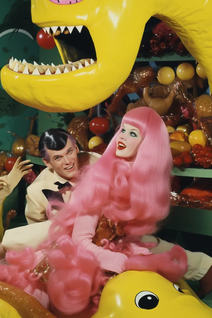 A man and a woman are sitting on a yellow sculpture that resembles a creature from a fantasy world. The woman has bright pink hair and is wearing a pink dress, while the man has dark hair and is wearing a white suit. The sculpture is surrounded by colorful fruits and vegetables, and the background is a bright green color. The overall effect is one of whimsy and fun.