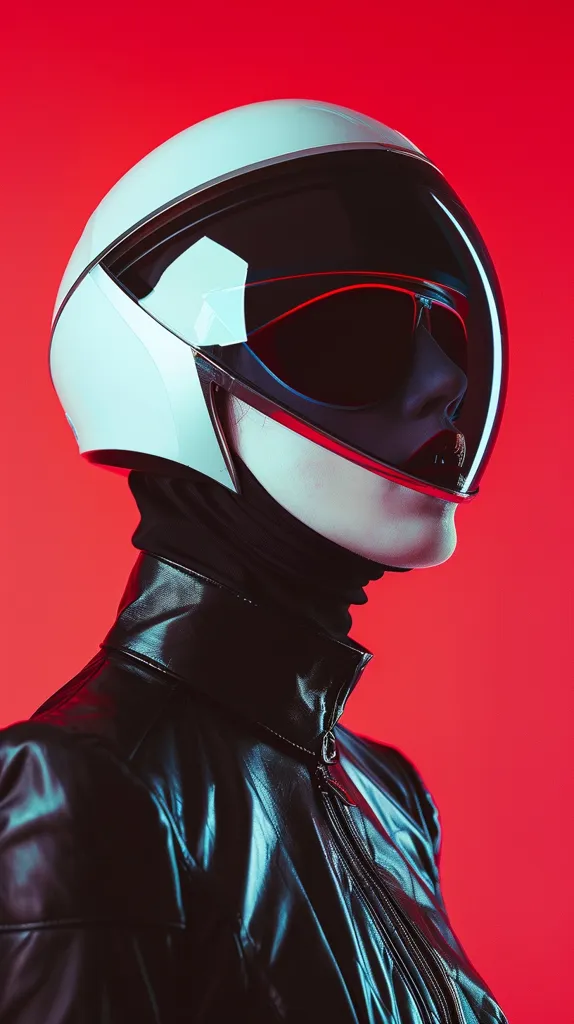A woman wearing a white and black helmet with a red visor. She is also wearing a black leather jacket. The background is red. The image is of a retro futuristic style.