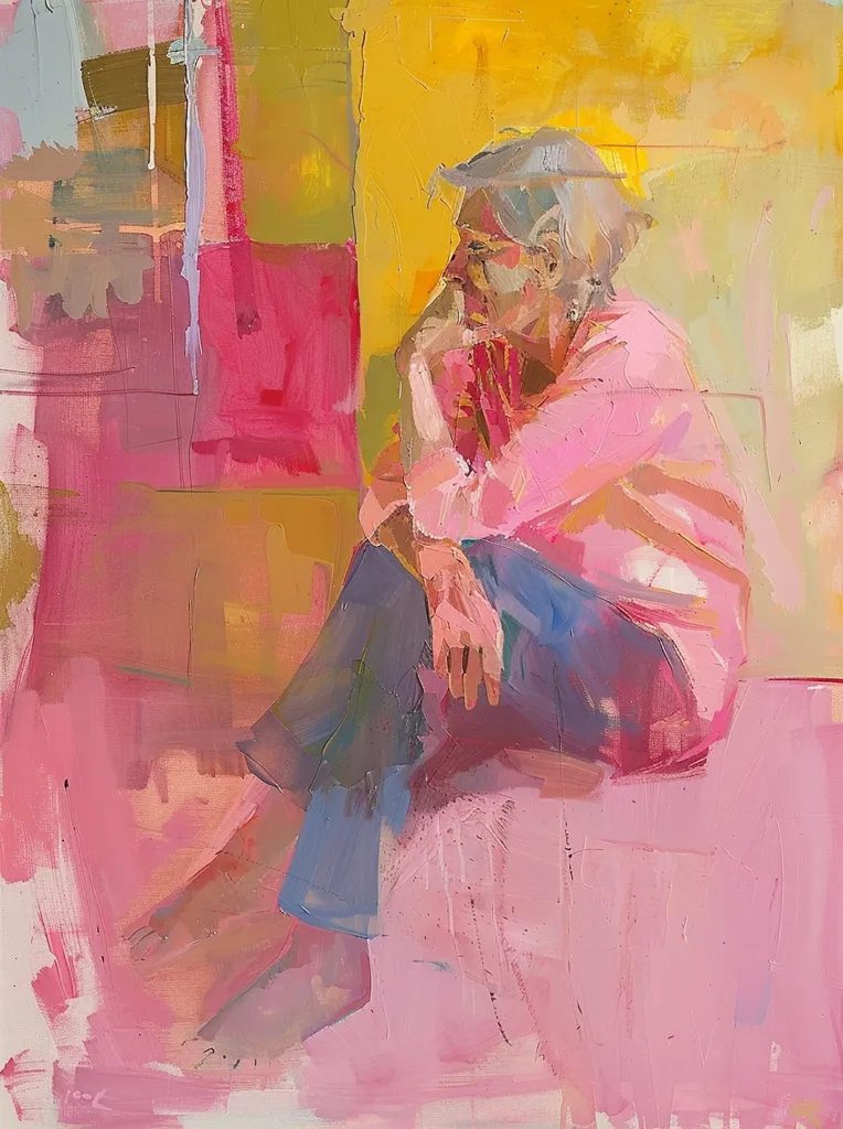 The painting is of a woman sitting on the floor. She is wearing a pink sweater and blue jeans. The woman is looking down and has her hand on her chin. She has short gray hair. The background is yellow and pink. The painting is done in a loose realistic style.