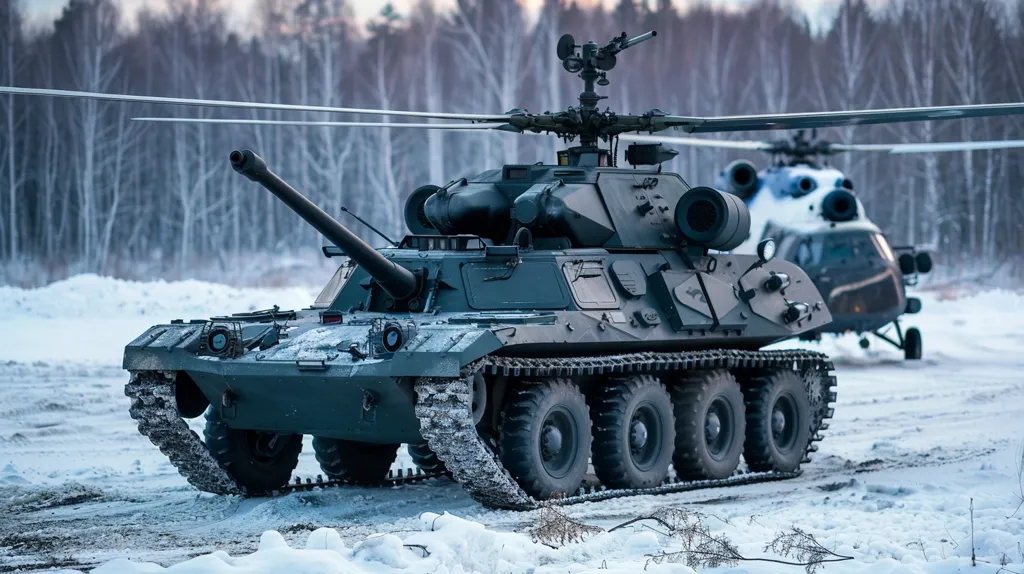 The image shows a Soviet-era PT-76 amphibious light tank. The tank is armed with a 76mm gun and has a crew of three. It is designed to be airdropped into combat zones and can swim in water. In the background, there is a Russian Mil Mi-24 attack helicopter.
