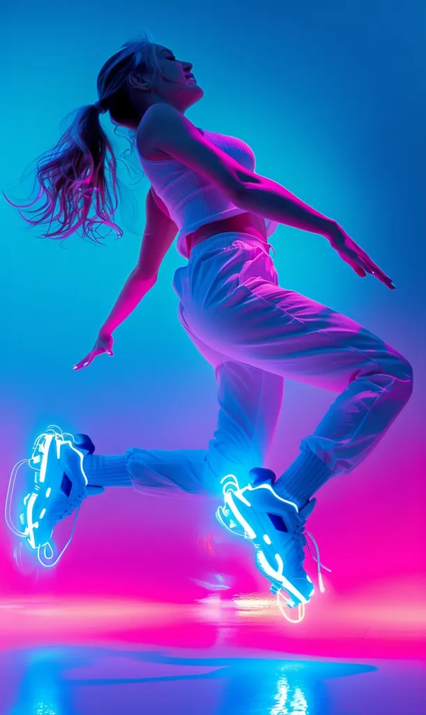 The photo shows a young woman dancing. She is wearing a white crop top and white pants. She has her hair in a ponytail and is wearing roller-skates with LED lights on the wheels. The background is dark with a blue and pink gradient.