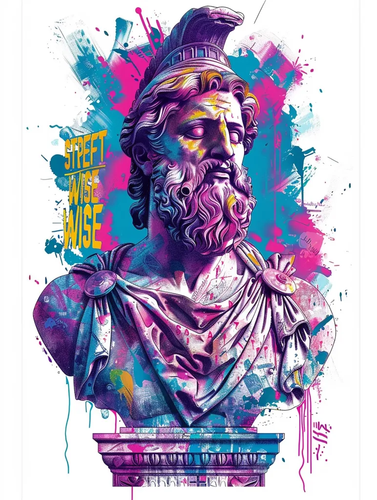 The image is a colorful and abstract portrait of a Greek god. The god is depicted with a beard and a laurel wreath on his head. He is surrounded by splashes of paint in various colors, including blue, pink, yellow, and purple. The image has a modern and contemporary feel, and it is reminiscent of street art. The overall effect is one of beauty and mystery.