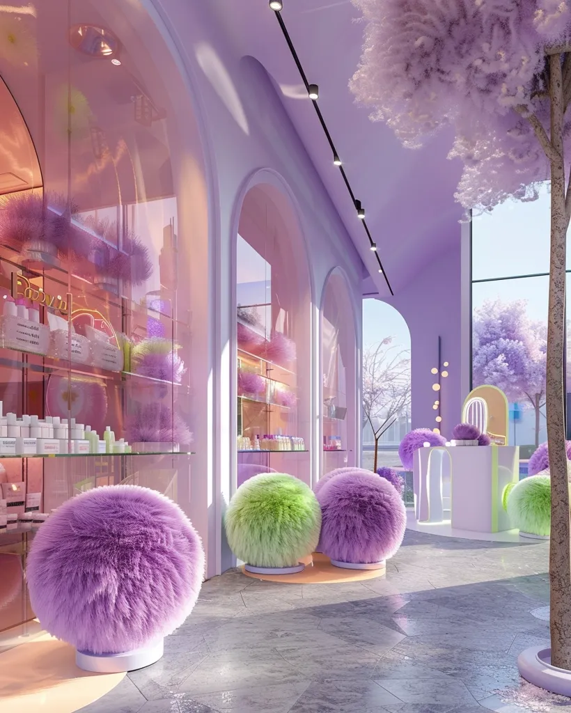 The image is a beauty salon. The salon is decorated in a modern style with purple and green colors. There are several stations for hair styling and makeup application. There is a tree in the middle of the salon with purple leaves. The salon is very spacious and bright.