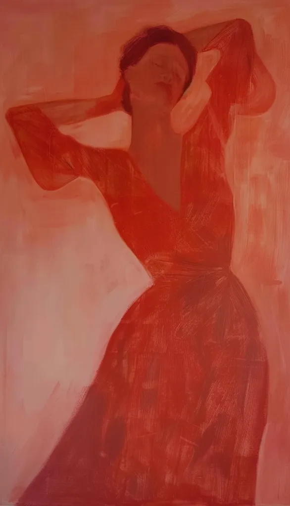 The painting is of a woman wearing a red dress. She has her hands in her hair and is looking down. The background is also red. The painting is done in a loose realistic style.