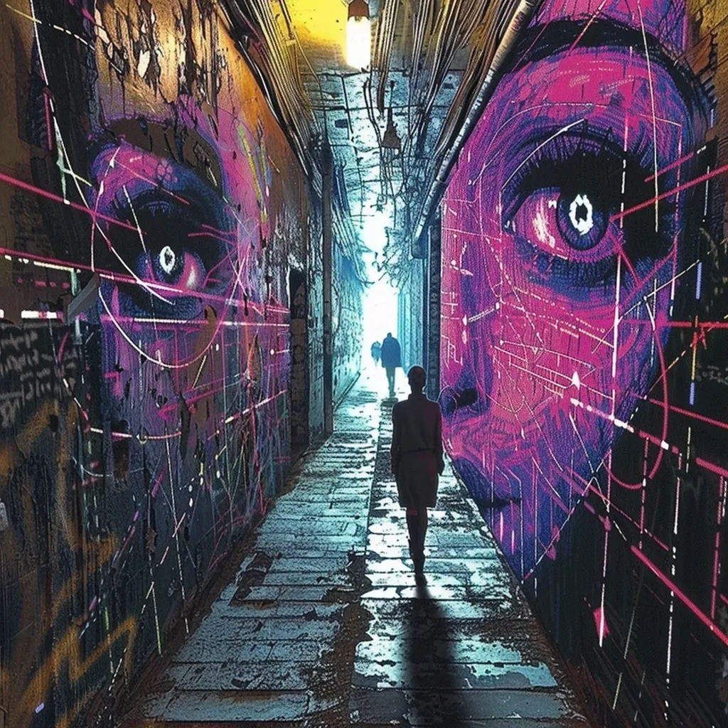 The picture shows a dark and narrow alleyway with graffiti on the walls. The graffiti is a mural of two giant faces. The faces are looking at each other and have a sad expression on their faces. The alleyway is lit by a single light bulb. There is a person walking away from the camera.