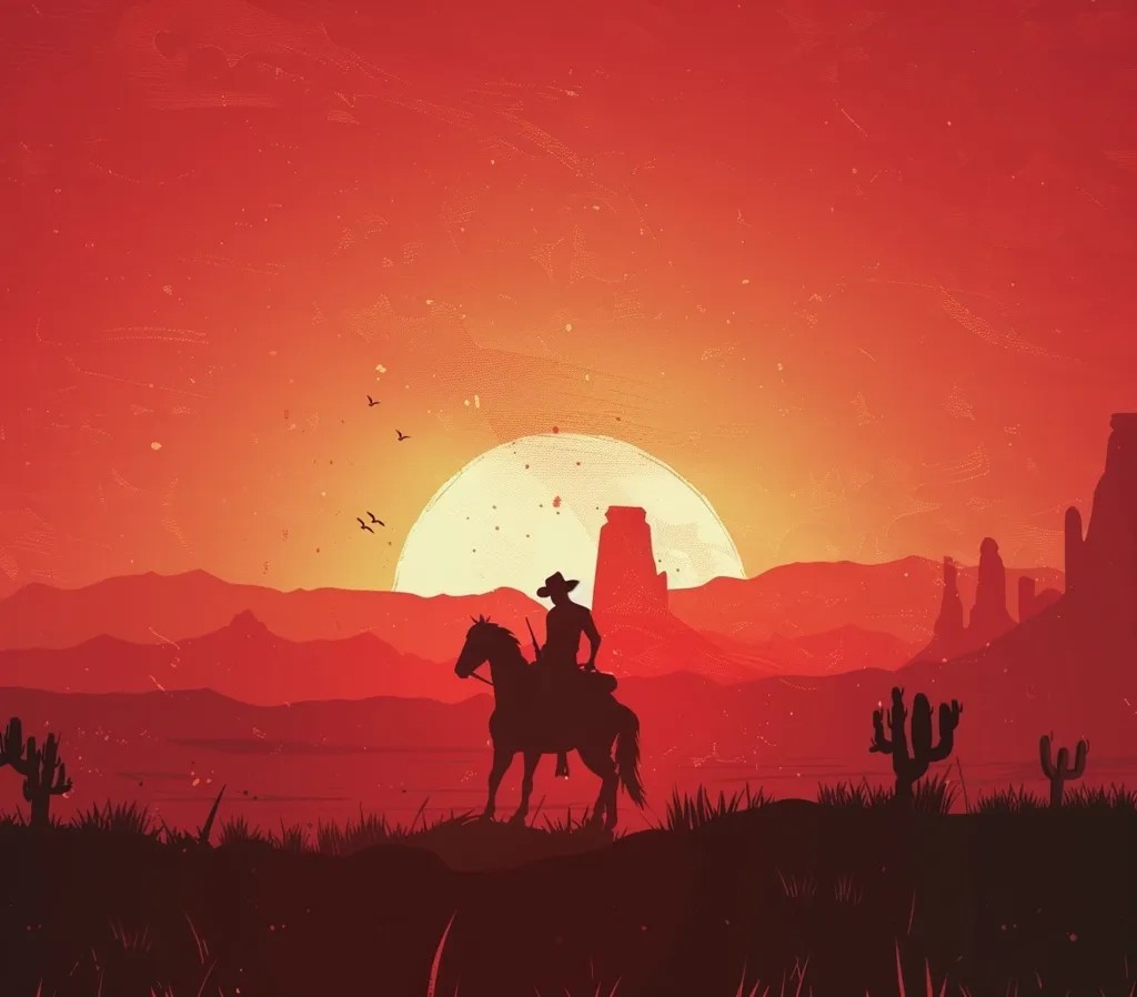 This is a digital painting of a cowboy on a horse, riding into the sunset. The sky, ground, and mountains are all various shades of red. The sun is setting behind the mountains, and the cowboy is riding towards it. There are cacti and other plants in the foreground, and birds are flying overhead. The painting has a warm, dusty feel to it, and it captures the beauty of the American West.