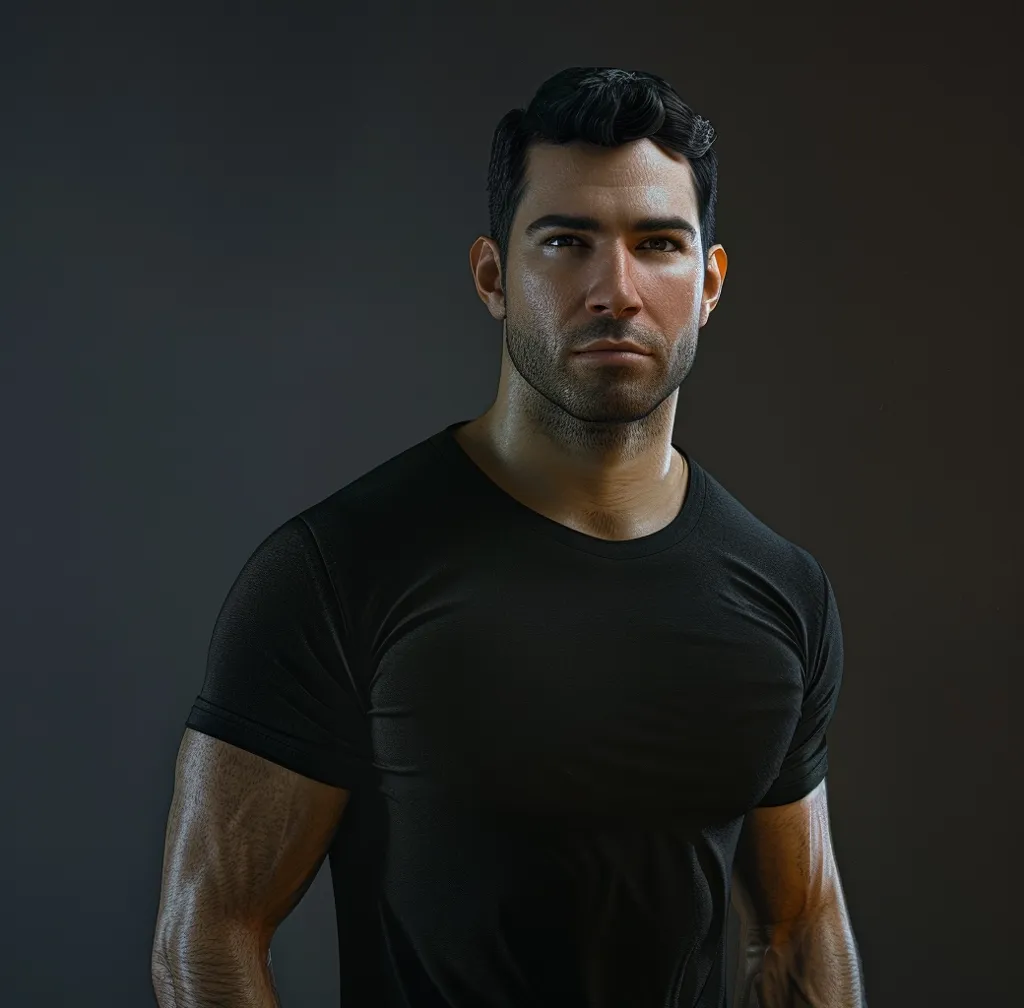 This is a picture of a man with dark hair and dark eyes. He is wearing a black t-shirt and has a serious expression on his face. He is muscular and looks like he is in good shape. He is standing with his feet shoulder-width apart and his arms at his sides. The background is a dark color.