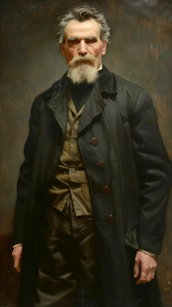 The painting is a portrait of an older man with gray hair and a beard. He is wearing a dark suit coat and vest, with a white shirt and tie. He has a serious expression on his face, and his eyes are looking directly at the viewer. The painting is done in a realistic style, and the artist has paid close attention to detail. The man's hair and beard are rendered with great care, and the fabric of his clothes is depicted in a realistic way. The painting is also well-lit, and the artist has used light and shadow to create a sense of depth and realism. Overall, the painting is a well-executed portrait of an older man.
