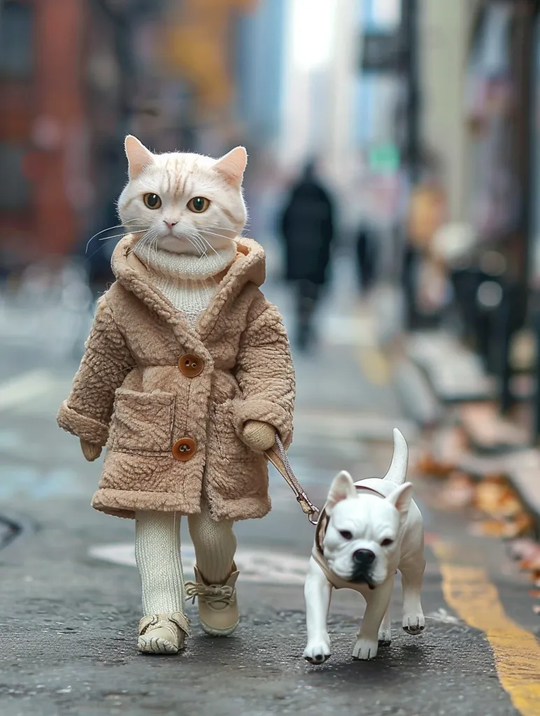 The image shows a cat wearing a brown coat and white socks walking a dog on a leash. The cat is walking on the sidewalk in the city with blurred people walking in the background.