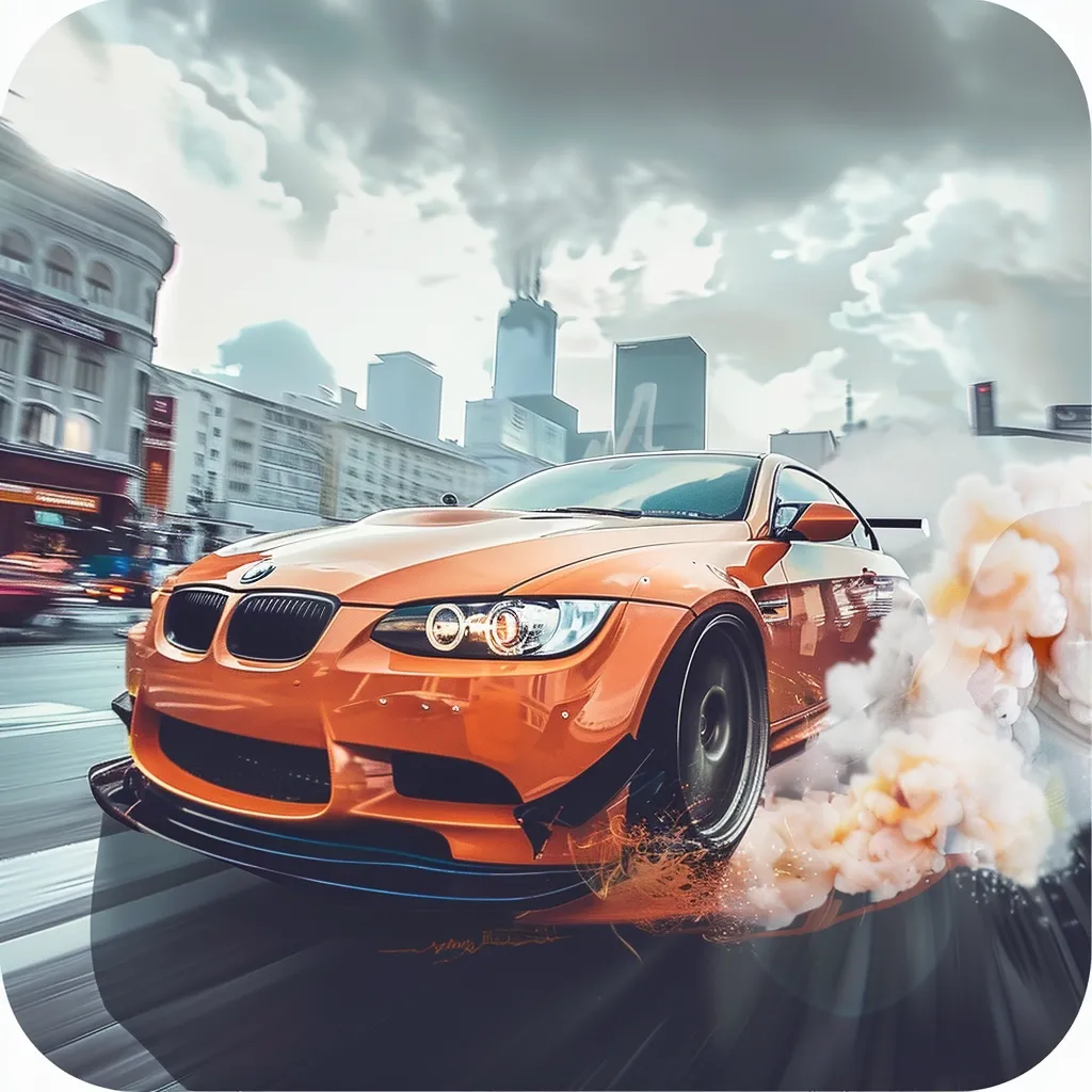 A bright orange BMW M3 is speeding down a city street. The car is surrounded by smoke and its wheels are spinning. The car is moving so fast that the buildings in the background are blurred. The image is full of action and excitement.