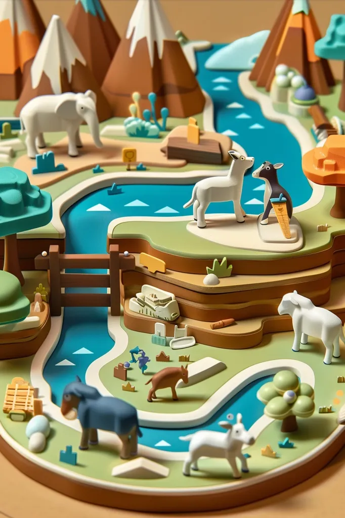 The image is a top-down view of a 3D world. The world is made up of a series of interlocking blocks, which can be seen in the foreground. The blocks are arranged in a way that creates a path, which can be seen in the middle of the image. The path is surrounded by a variety of objects, including trees, animals, and buildings. The objects are all made of the same type of block as the path, and they are all arranged in a way that is visually appealing. The image is colorful and bright, and it has a whimsical feel to it.