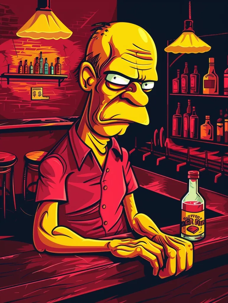 This is a picture of Moe Szyslak from the Simpsons. He is sitting at the bar, looking very serious. There is a bottle of alcohol in front of him. The background is dark and red.