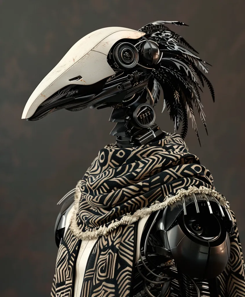 The image is a digital painting of a steampunk bird-headed robot. The robot is wearing a scarf with a geometric pattern and has a camera lens for an eye. The background is dark and there is a spotlight on the robot.