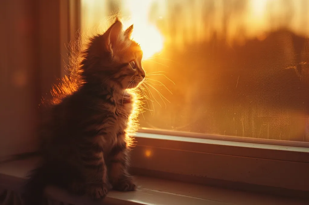 The image shows a small kitten sitting on a window sill and looking out the window. The window is covered with a screen. The sun is setting and casting a warm glow on the kitten. The kitten is backlit and its fur is glowing in the sunlight. The image is very peaceful and serene.