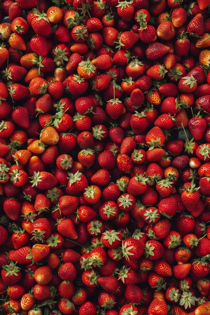 The image shows a large number of strawberries. They are ripe and red, with green leaves. The strawberries are arranged in a regular pattern, with each strawberry touching the ones next to it. The background is white, which makes the strawberries stand out. The image is taken from a top-down perspective, which gives the viewer a good view of the strawberries.