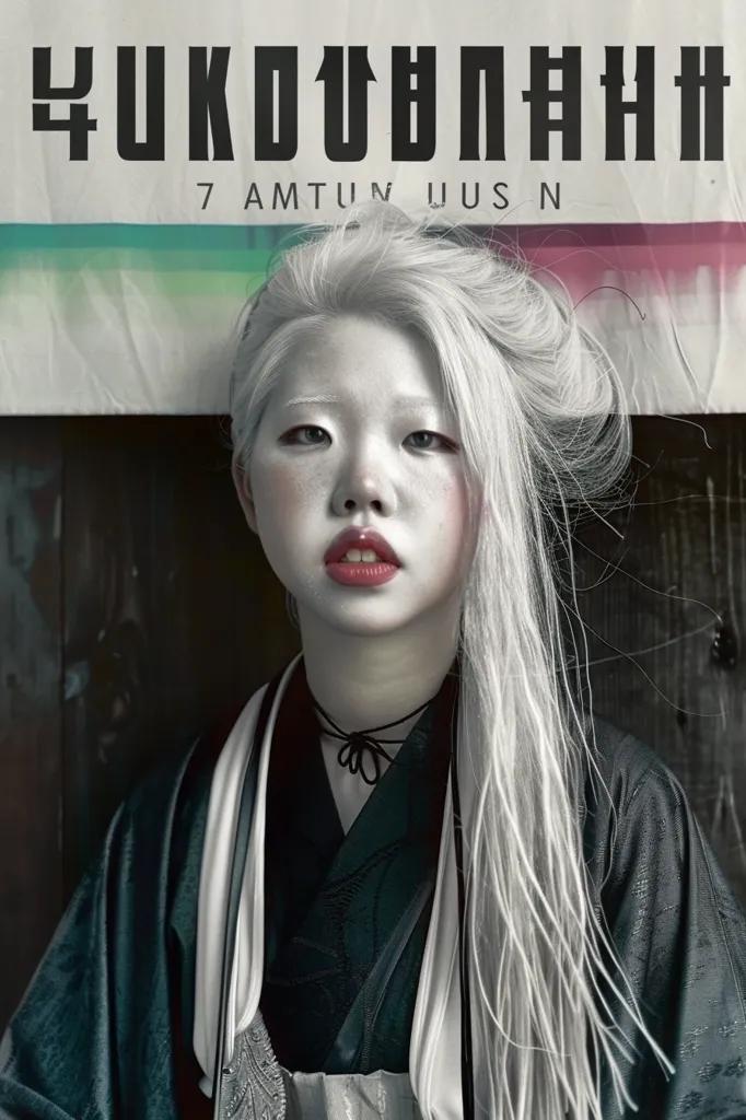 The photo shows a young woman with very pale skin and long white hair. She is wearing a black and gray kimono with a white obi. The background is a wooden wall with a sign in Japanese. The woman's expression is serious.