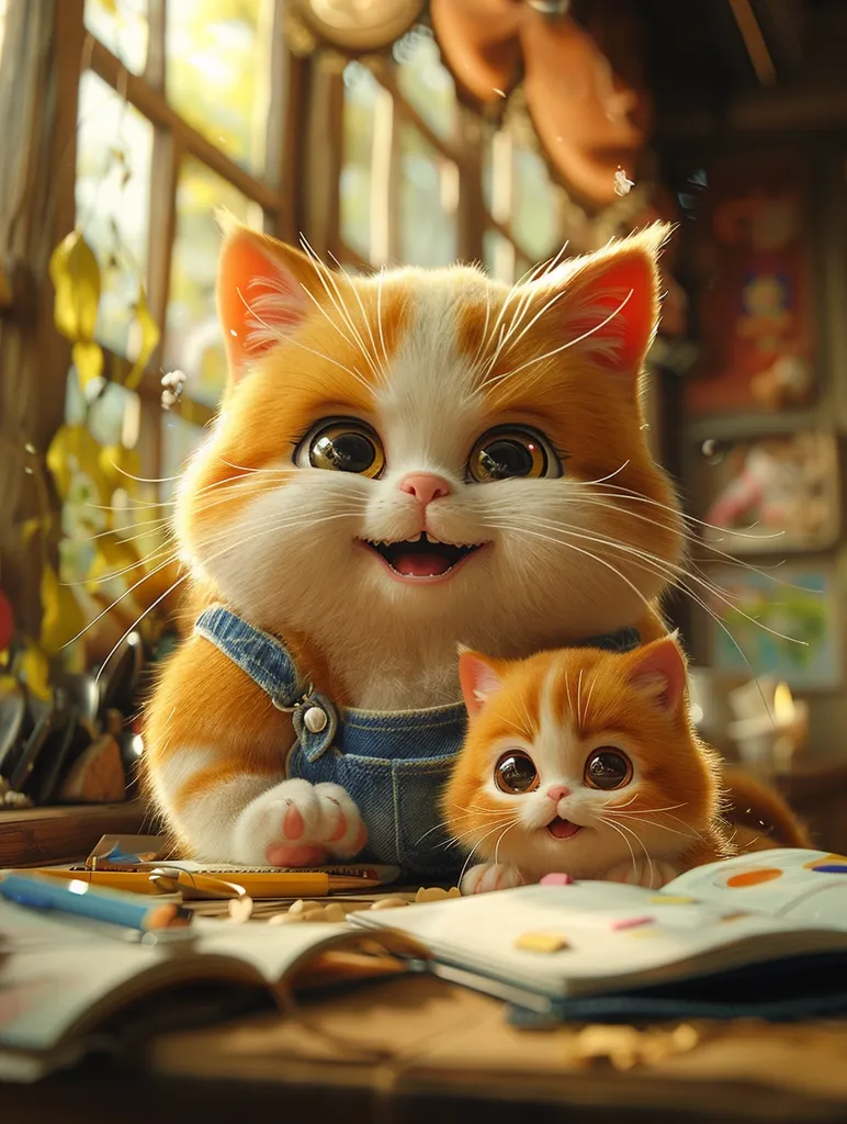 A cute cartoon cat is sitting on a table. It is wearing a blue overall. There is a kitten sitting beside it. They are looking at an open book. There are some colorful pencils on the table. The background is a blurry image of a room.